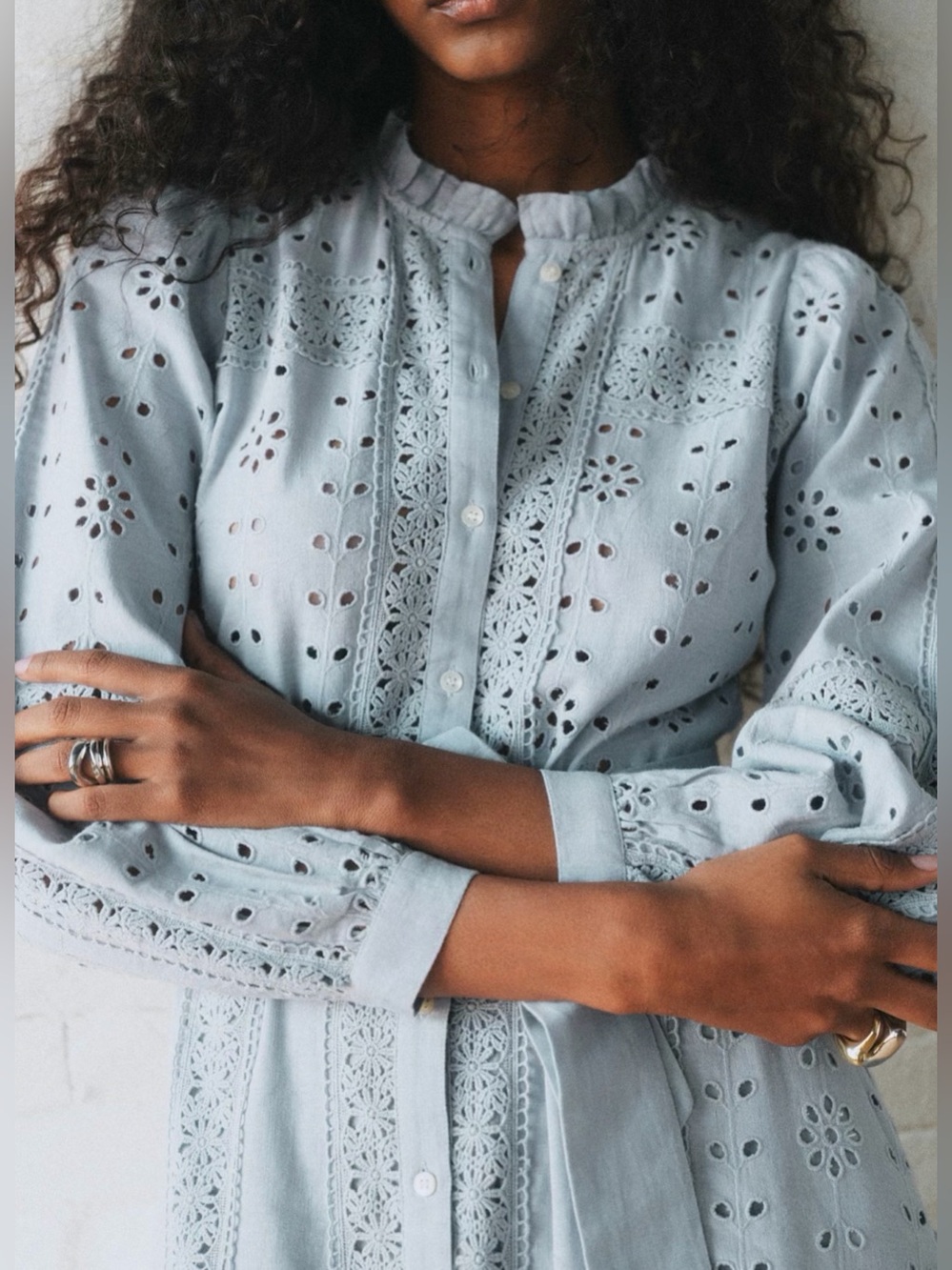 Sezane Romina Eyelet Embroidered Linen Blend Maxi Dress – Sky Blue - Picture 5 of 10